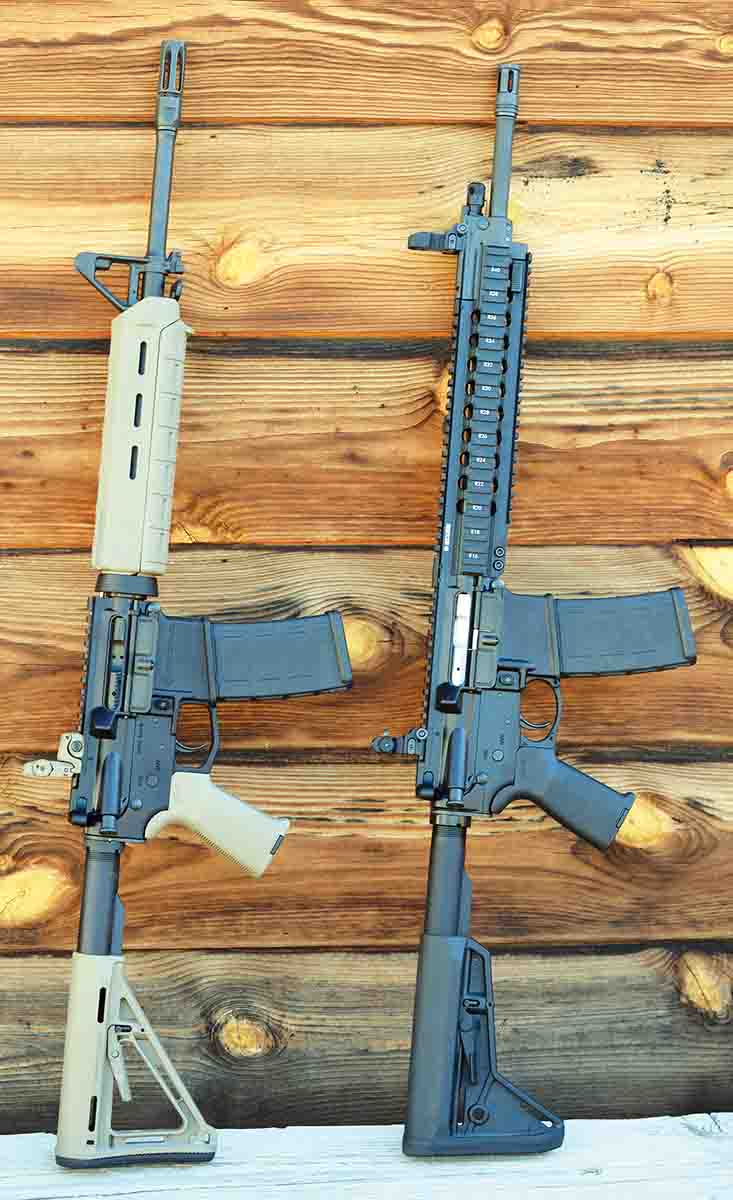 While the U.S. military currently uses a 1:7 barrel twist on M16 service rifles to be used in conjunction with 5.56 NATO ammunition, many companies are offering more versatile twist rates in AR-15-pattern rifles, including the Smith & Wesson Model M&P 15 with a 1:8 twist (left) and the Ruger SR-556 with 1:9 twist (right).